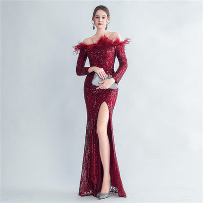 High Density Ostrich Hair Sequin Off Shoulder Fishtail Evening Dress