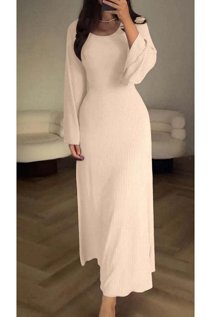Vestido largo elástico de manga larga acampanada con canalé y elegante diseño cómodo 