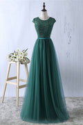 BMbridal Elegant Dark Green Tulle Jewel Prom Dress Sleeveless With Appliques