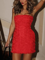 Trägerloses, sexy, rückenfreies, einfarbiges, kurzes Kleid mit Blumenmuster 