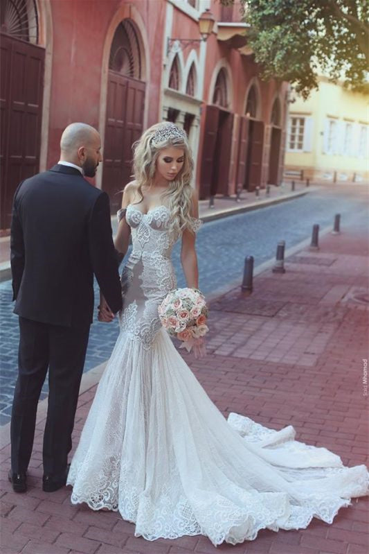 Off The Shoulder Mermaid Lace Wedding Dress With Lace Up Back Sweetheart Neckline