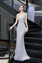 BMbridal Luxurious Beaded Mermaid Prom Dress Sleeveless V Neck Tulle Gown