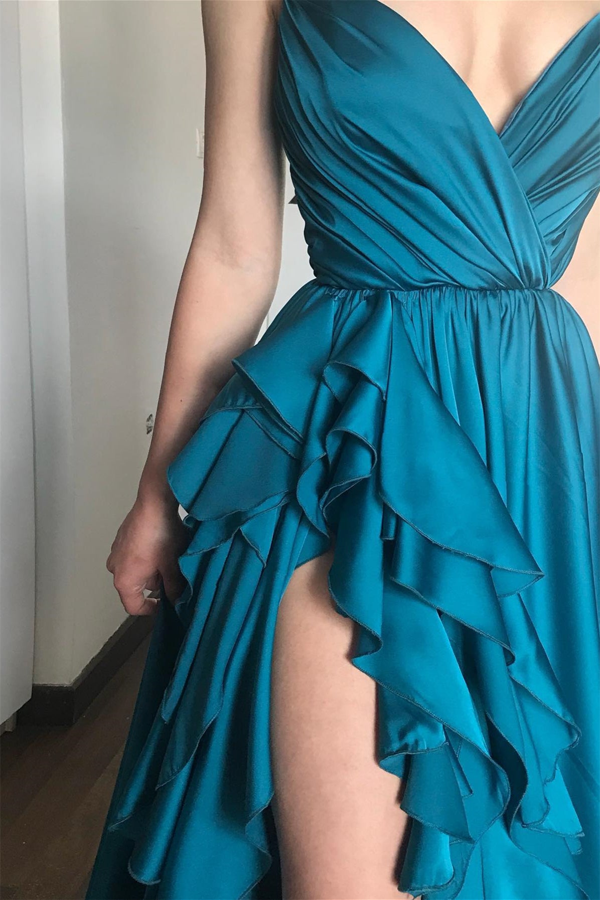 Ink Blue Spaghetti Straps V Neck Sleeveless Mermaid Prom Dress With Ruffles Slit