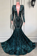 Abito da sera smeraldo con scollo a V, maniche lunghe, paillettes e pizzo, modello sirena