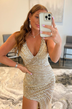Sparkly Golden Sequin Backless Long Prom Dress With Slit
