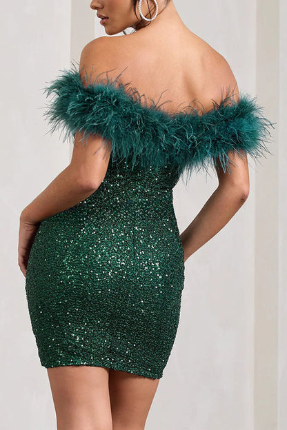 It's Show Biz – Figurbetontes Minikleid mit Pailletten und Federbesatz 