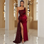 Elegant Sexy Long Sequined Sleeveless Diagonal Collar Backless Cocktail Evening Dress Bridesmaid Dress Women
