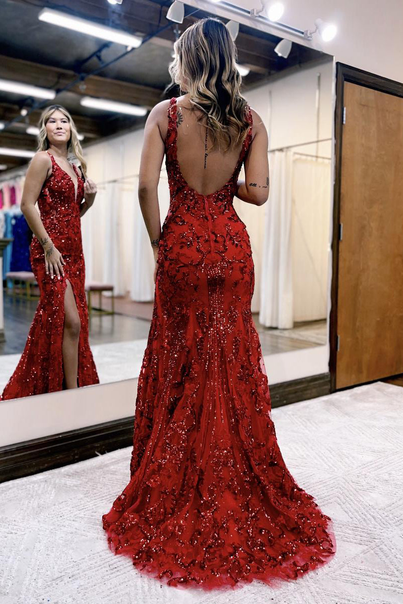 Vestido de fiesta de sirena con escote en V, lentejuelas y encaje con abertura