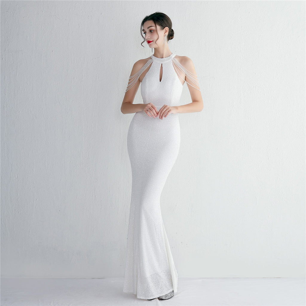 Sequined Craft Beading Cocktail Evening Dress Elegant Long Halter Slim Fit Fishtail