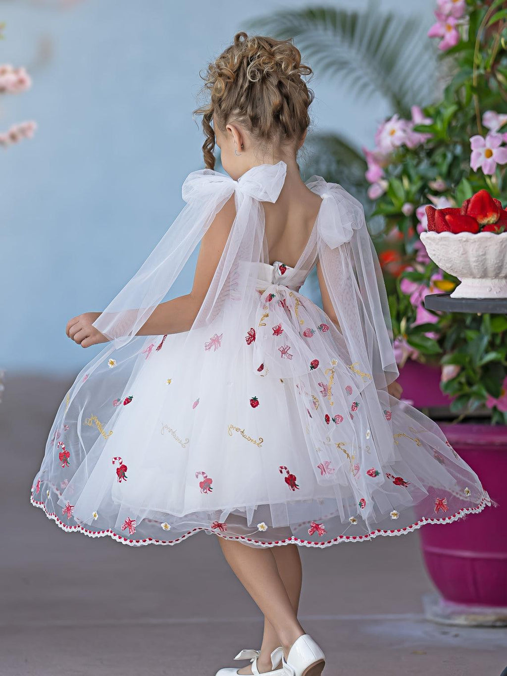 Pink Tulle Knee Length Strawberry Embroidery Flower Girl Dress