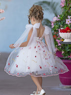Pink Tulle Knee Length Strawberry Embroidery Flower Girl Dress