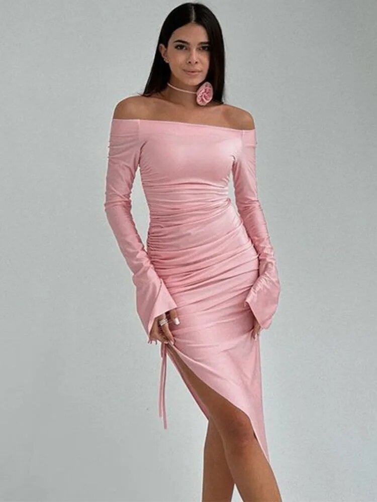 TARUXY Side Slit Pleated Mini Dress For Women Lace Up Bodycon Sexy Maxi Dresses Woman Party Temperament Evening Dress Femme 2023