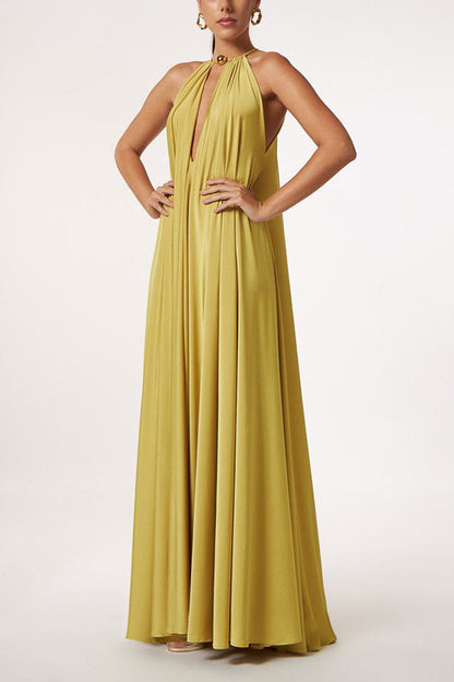 Greek Goddess – Markantes goldenes Neckholder-Maxikleid in A-Linie 