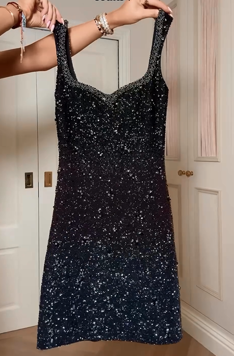 Schwarze Pailletten mit Spaghettiträgern, kurzes Ballkleid