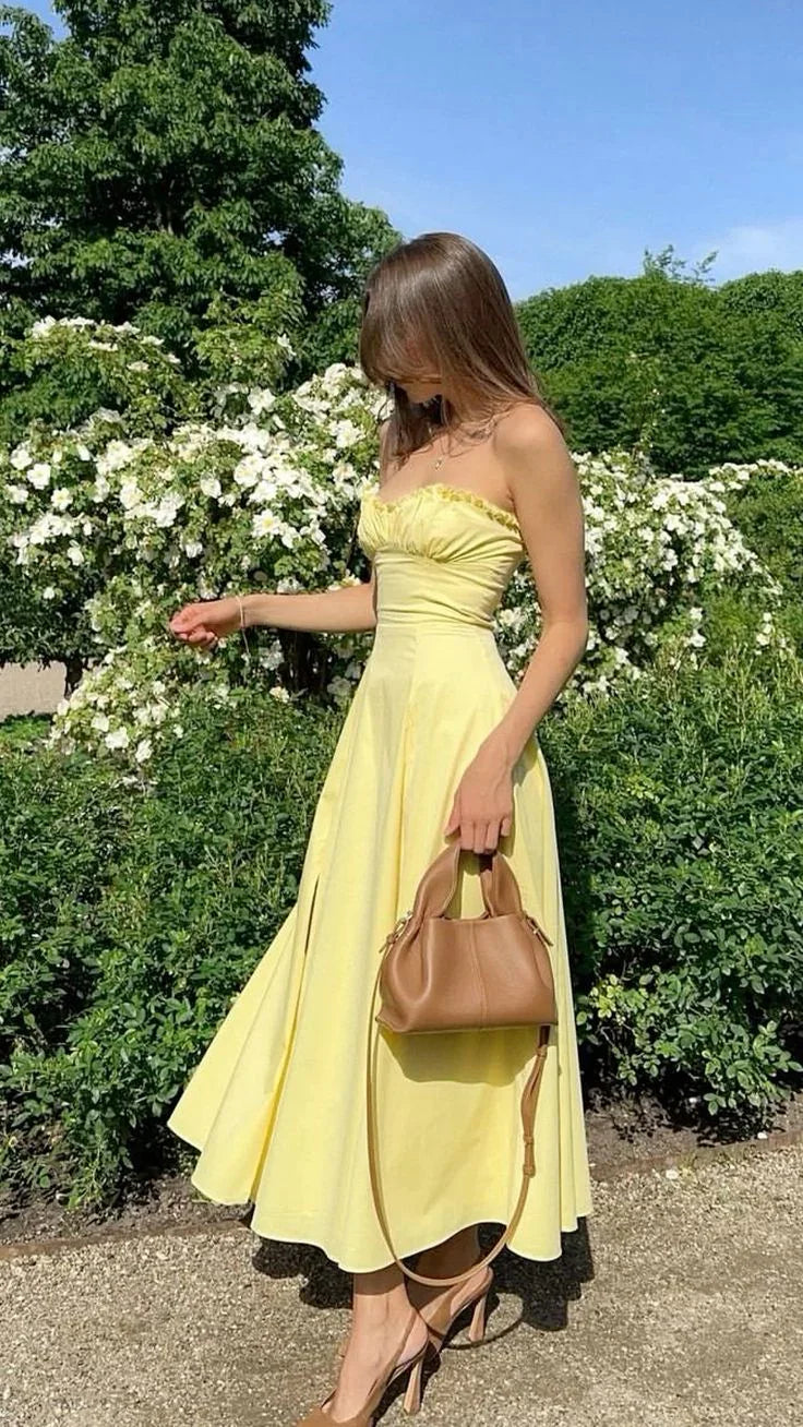 Carino Abito Giallo Senza Spalline a Linea A da Sera Abito Lungo da Ballo Senza Spalline Abito da Festa con Spacco Y7551