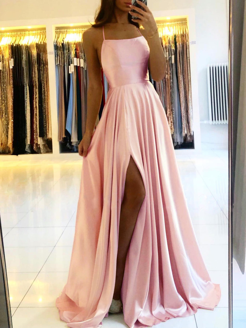 Bmbridal Navy Blue Spaghetti Strap Prom Dress With Long Slit