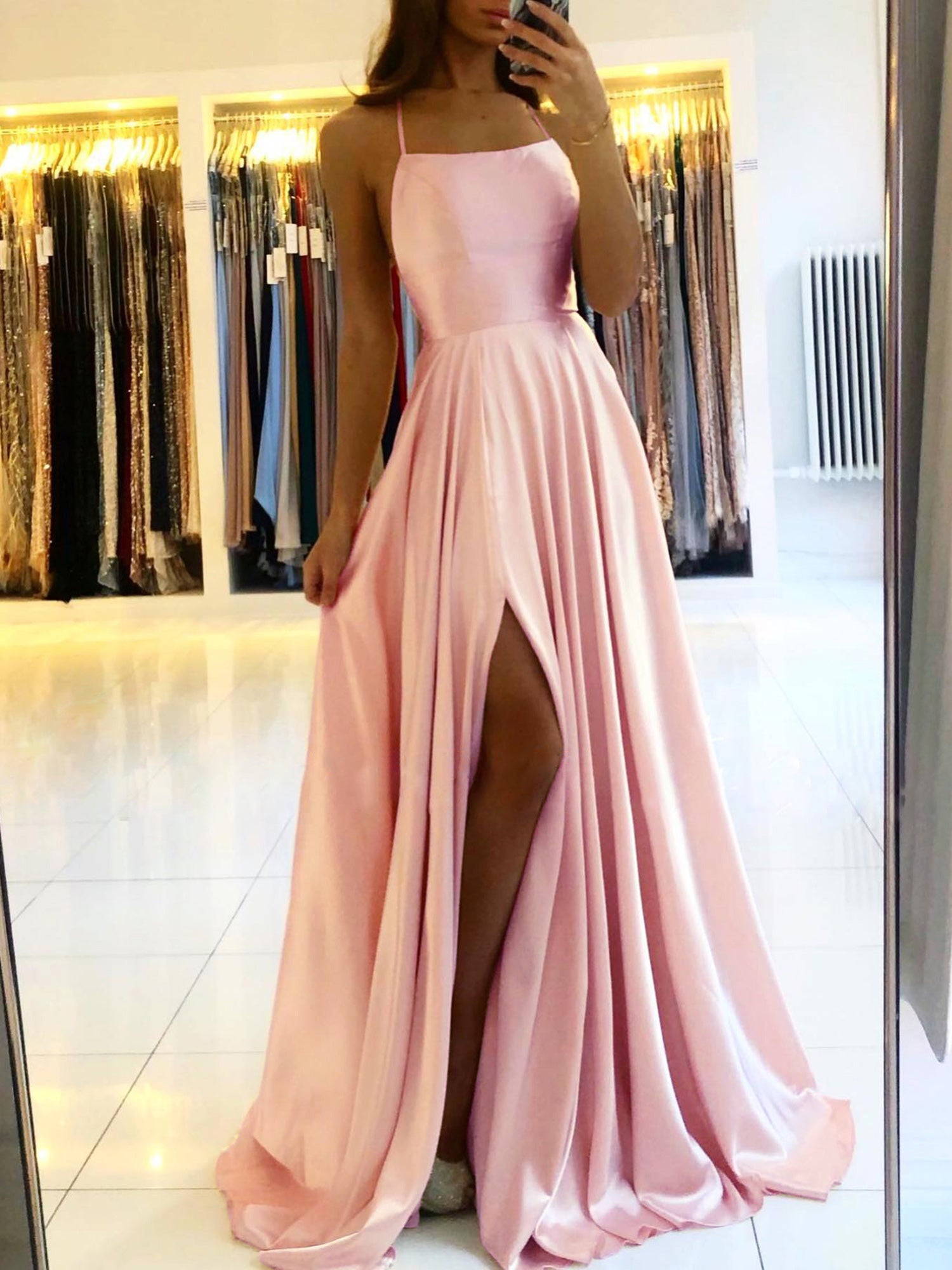 Bmbridal Navy Blue Spaghetti Strap Prom Dress With Long Slit