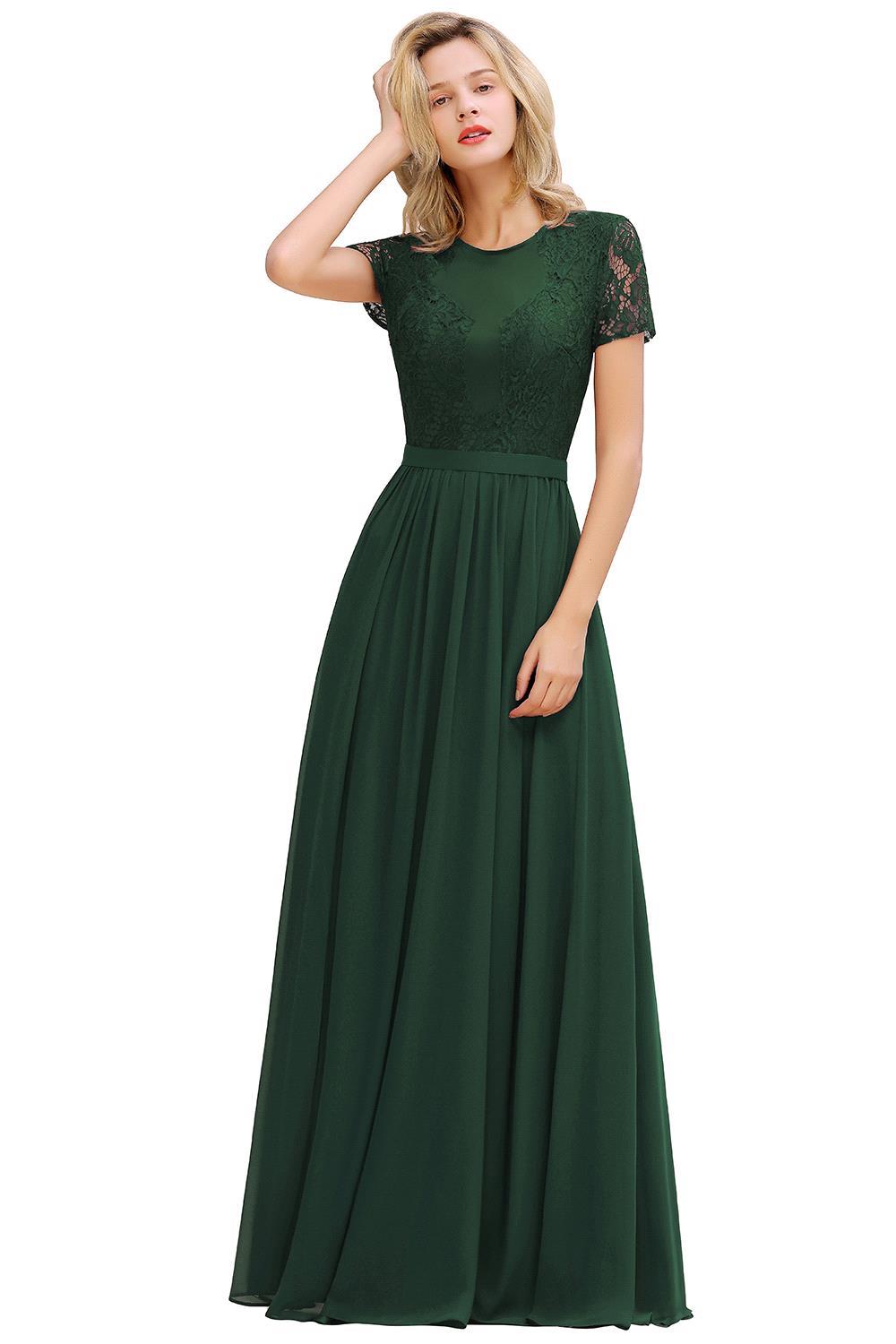 Chic A Line Chiffon Lace Bridesmaid Dress With Short Sleeves Empire Waist
