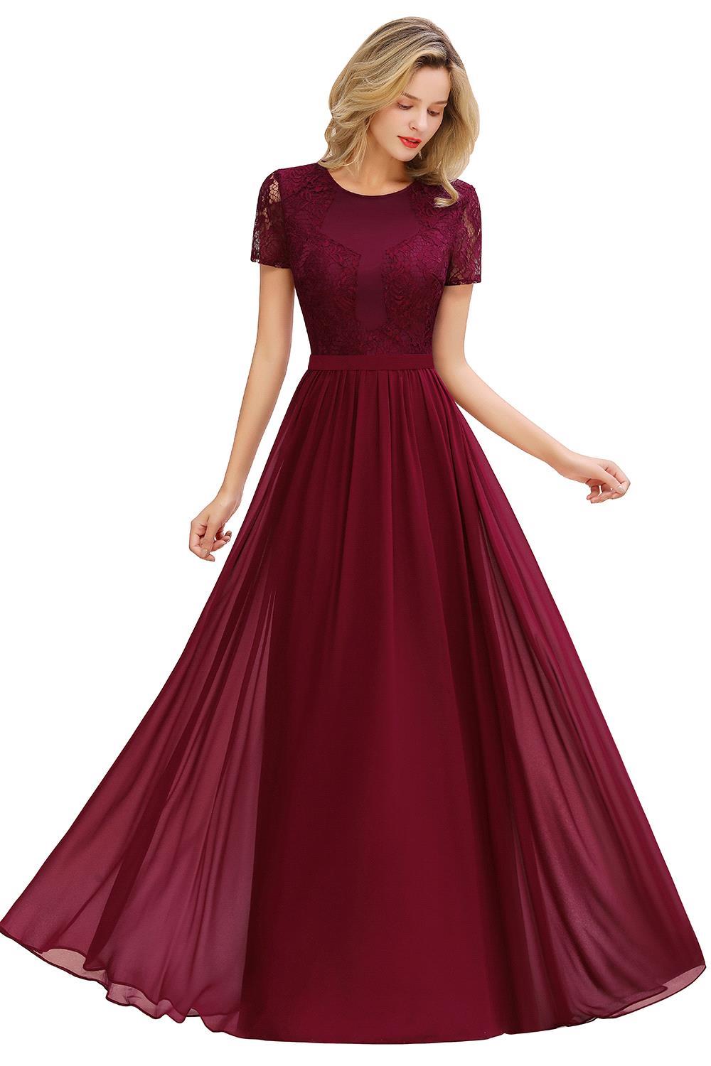 Chic A Line Chiffon Lace Bridesmaid Dress With Short Sleeves Empire Waist