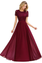 Chic A Line Chiffon Lace Bridesmaid Dress With Short Sleeves Empire Waist