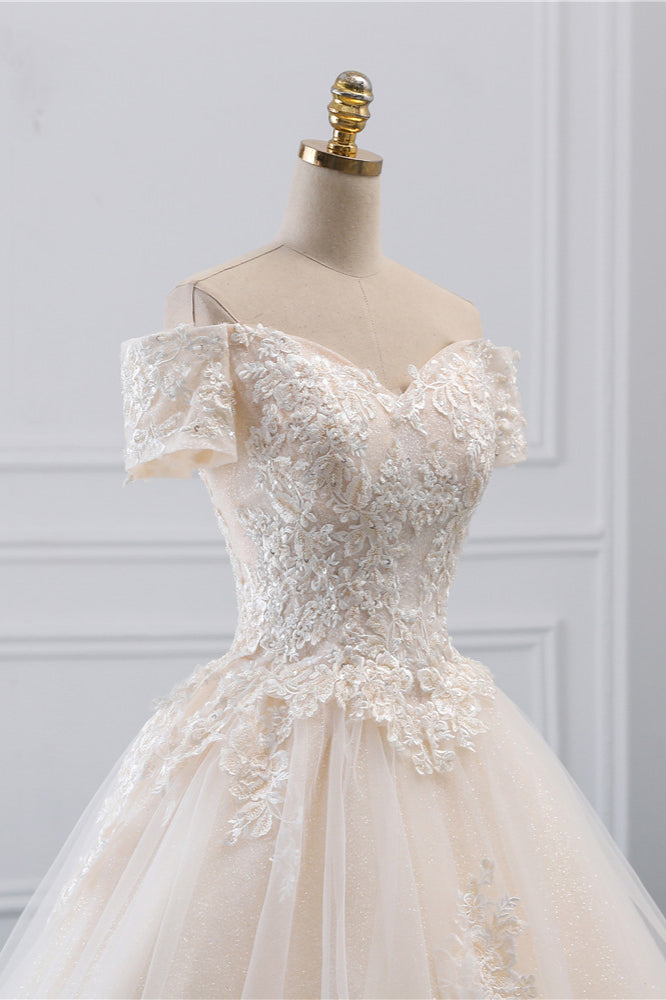 Off The Shoulder Tulle Princess Long Wedding Dress With Appliques Lace