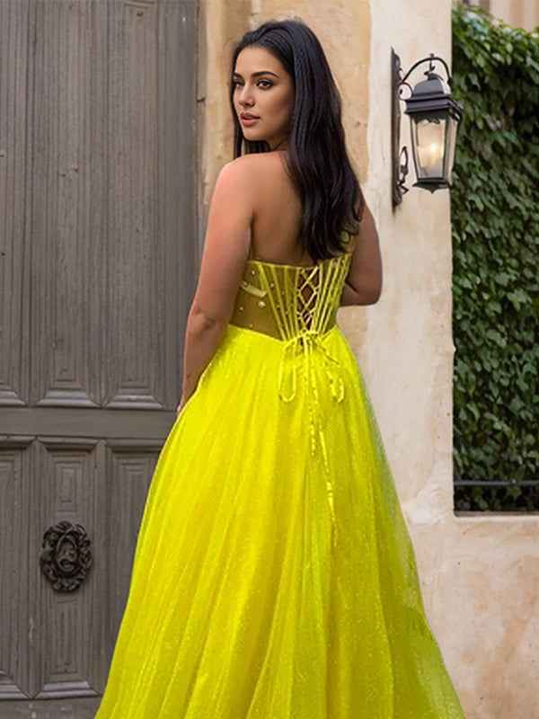 Yellow A Line Sweetheart Long Corset Prom Dress With Beaded Bodice