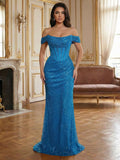 Blue Sequined Off The Shoulder Corset Mermaid Long Prom Dress
