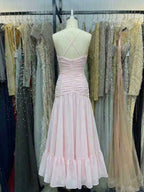Blush Pink A Line Ruched Drop Waist V Neck Prom Dress