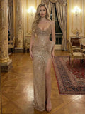 Champagne Gold Crystal Embellished Corset Prom Dress With Slit