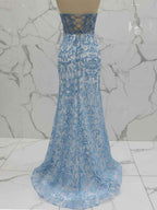Light Blue Strapless Pearl Beaded Corset Prom Dress With Ruched Bodice