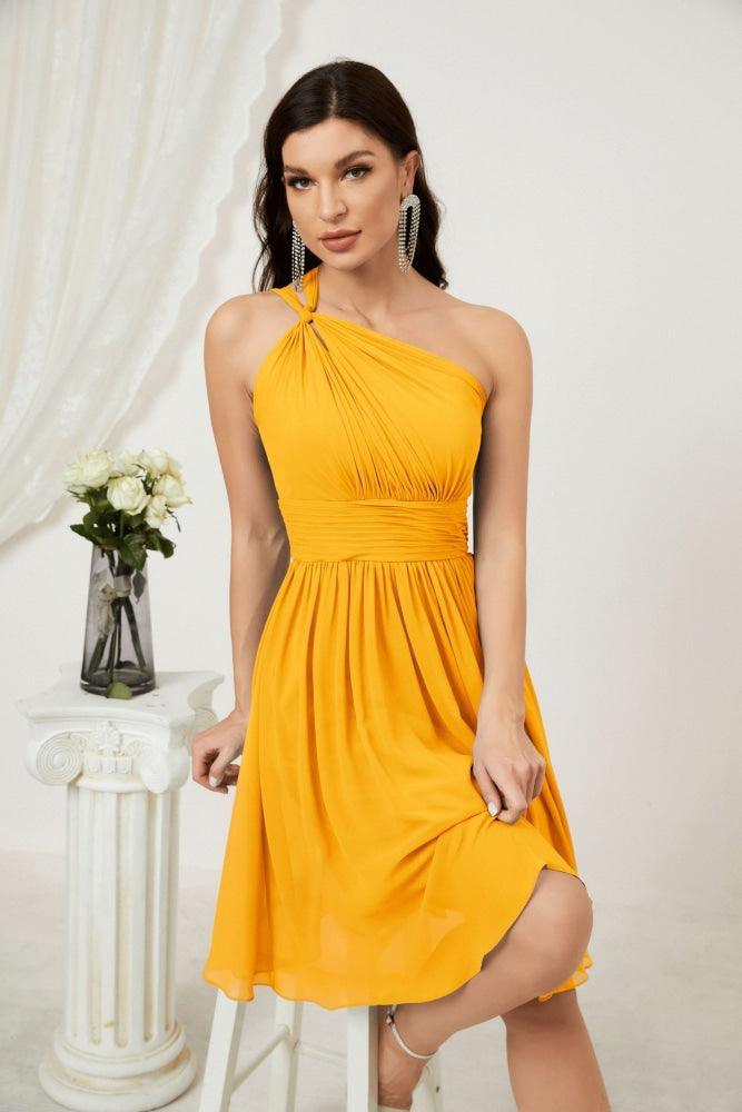 Vestido de Noiva de Ombro Único em Chiffon Curto para Damas de Honra, Vestidos Formais para Festas e Baile de Finalistas 2804
