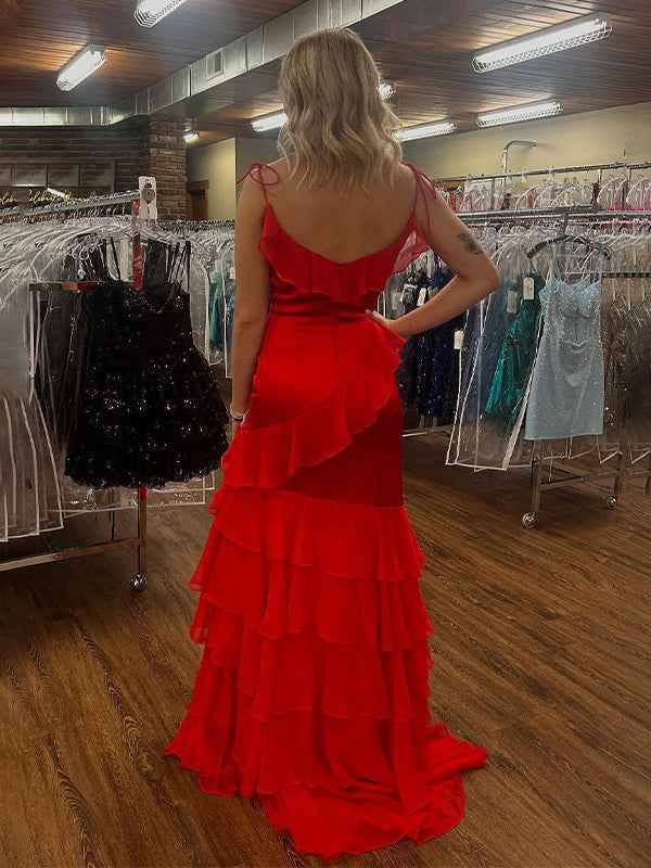 Red Mermaid Long Prom Dress With Spaghetti Straps And Cascading Ruffles