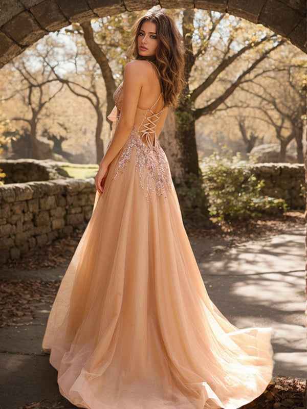 Gold A Line Spaghetti Straps Prom Dress With Applique And Slit