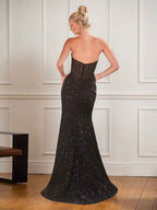 Black Sequin Strapless Sheath Prom Dress With Sweetheart Corset High Leg Slit