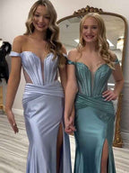 Teal Green Mermaid Off Shoulder Satin Prom Dress With Slit