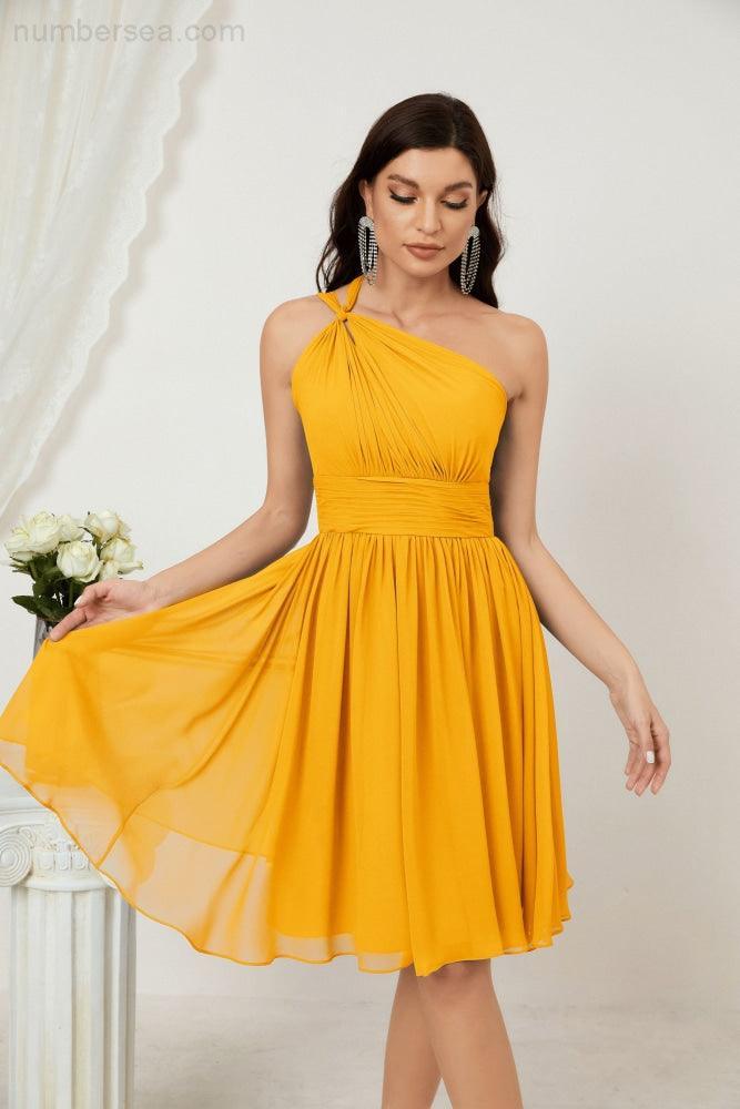 Vestido de Noiva de Ombro Único em Chiffon Curto para Damas de Honra, Vestidos Formais para Festas e Baile de Finalistas 2804