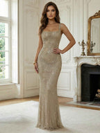 Champagne Gold Crystal Embellished Mermaid Prom Dress