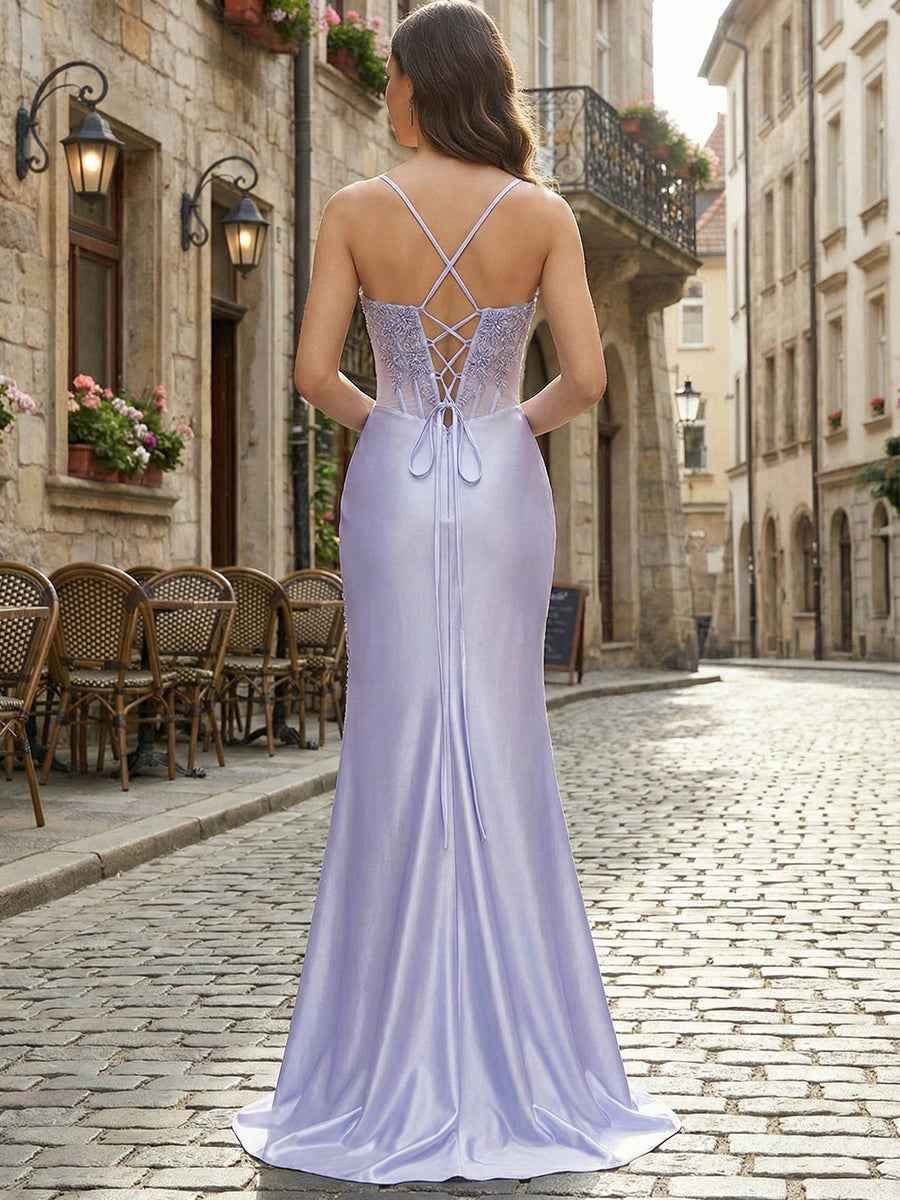 Lilac Lace Applique Satin Corset Prom Dress With Sweetheart Neckline And Slit