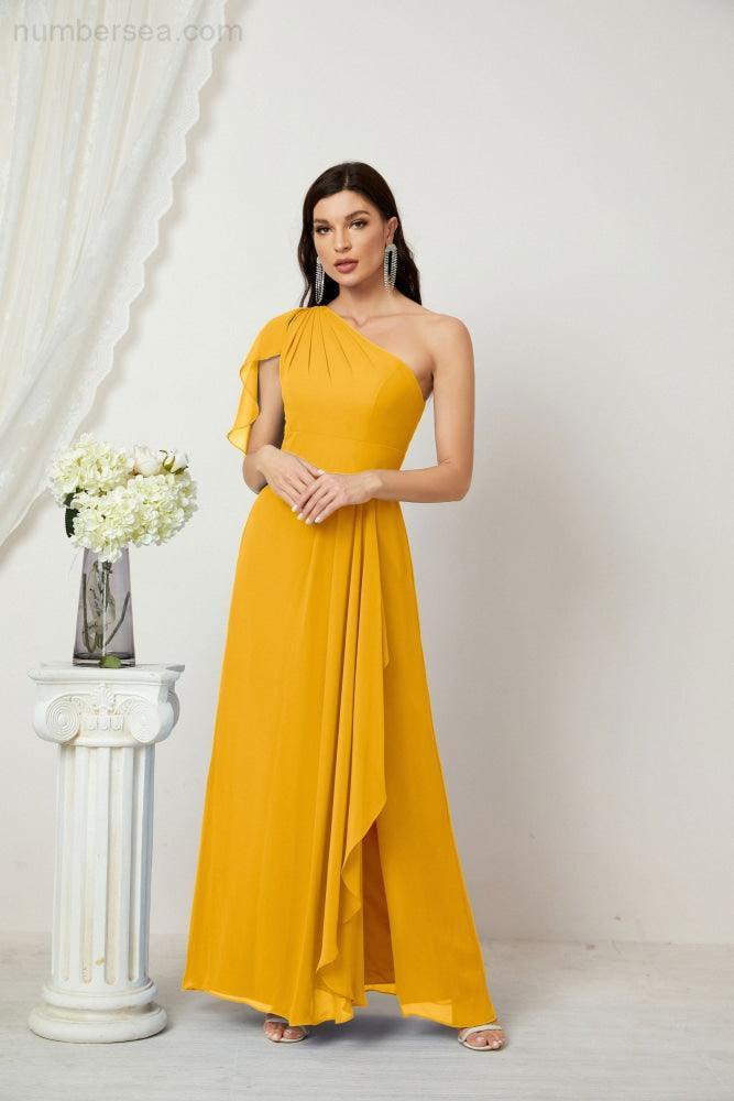 Abito da Sera Formale A-line con Spalla Singola e Balze in Chiffon, Spacco Laterale, per Damigelle, Modello 2809