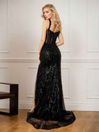 Black Sheath Sequined Corset Bodice Long Prom Dress With Slit Spaghetti Straps