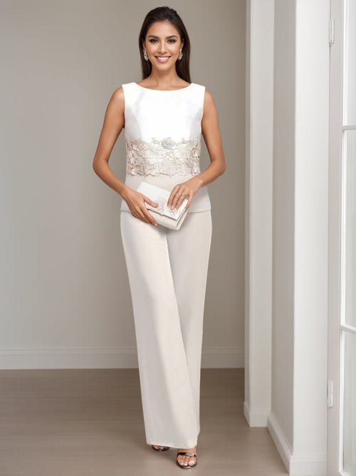 3 Piece Mother of the Bride Pantsuit with Square Neck Jacket and Lace Appliques