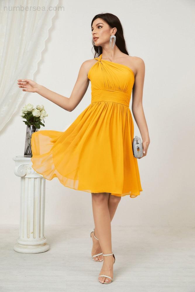 Numbersea Damen Chiffon Kurzes Ein-Schulter Brautjungfernkleid Festliche Kleider für Feier Heimkehr 2804