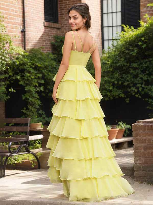 Yellow A Line V Neck Ruffled Tiered Chiffon Prom Dress With Slit