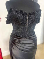 Black Mermaid Prom Dress With Pleated Skirt Lace Appliques And Slit