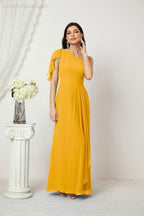 Abito da Sera Formale A-line con Spalla Singola e Balze in Chiffon, Spacco Laterale, per Damigelle, Modello 2809