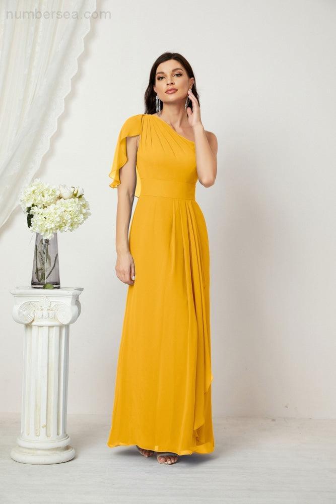 Abito da Sera Formale A-line con Spalla Singola e Balze in Chiffon, Spacco Laterale, per Damigelle, Modello 2809