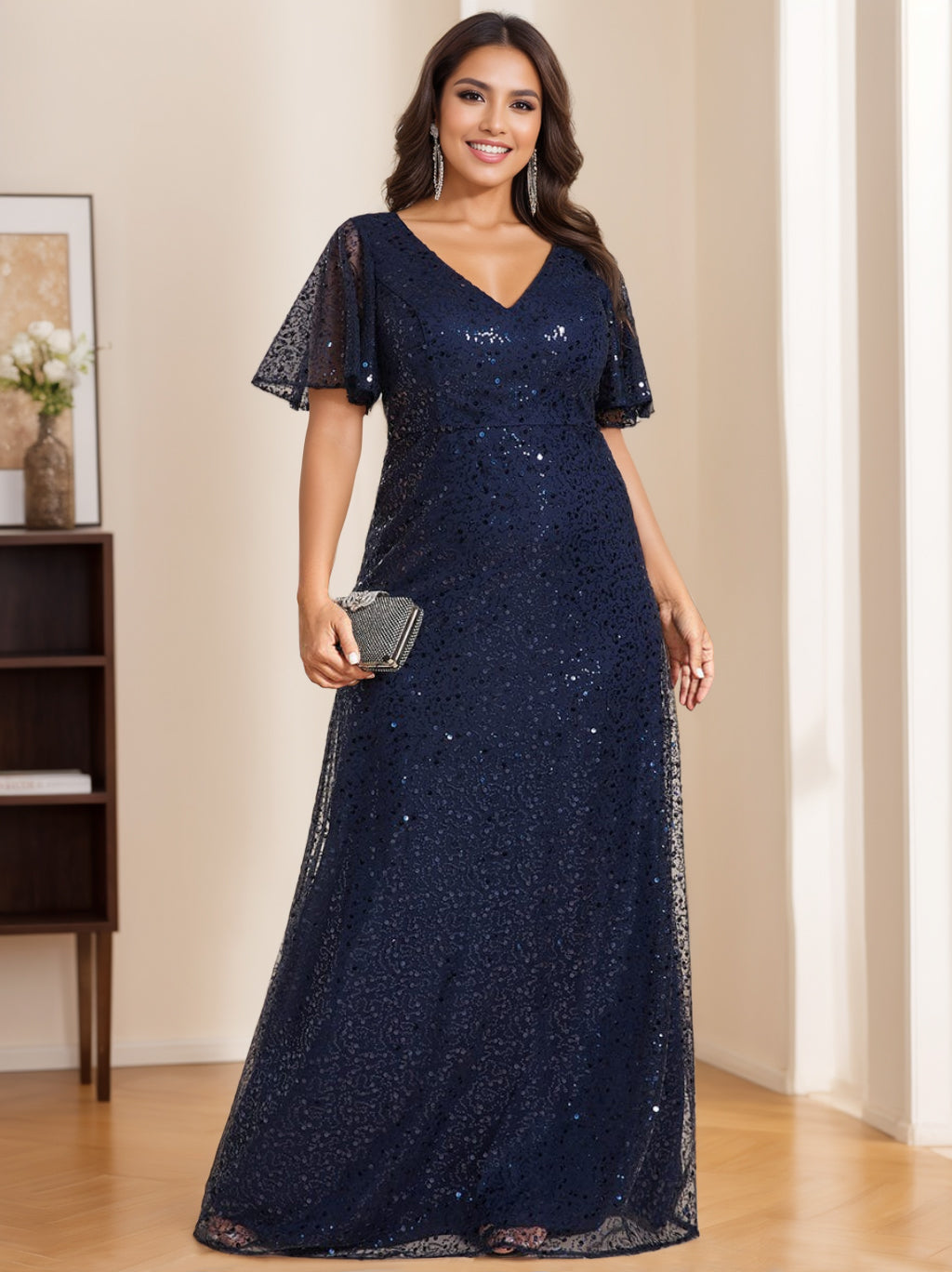 V Neck A Line Floor Length Sequined Dress For Mothers Of The Bride And Groom