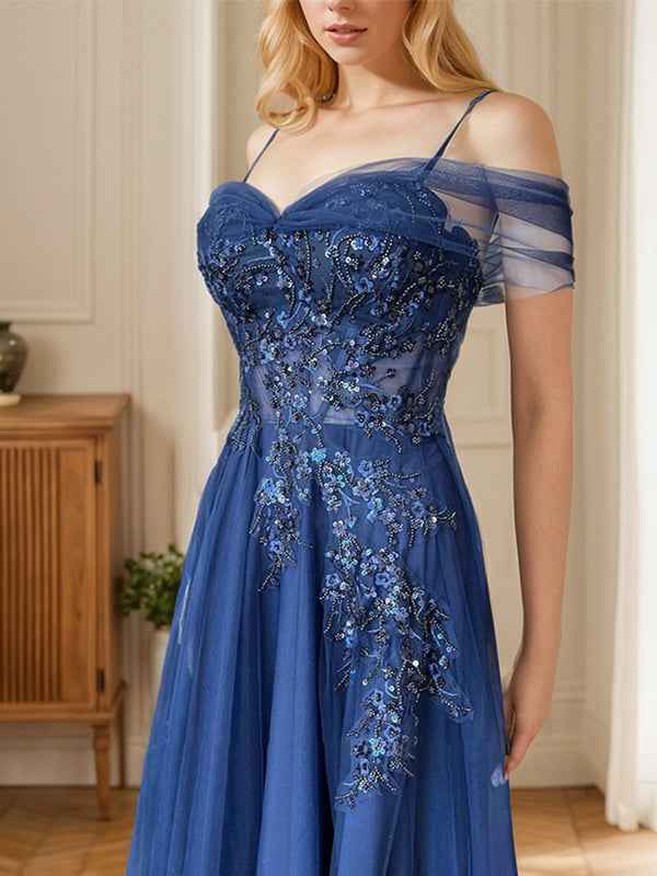 Navy Blue A Line Prom Dress With Embroidered Appliques And Spaghetti Straps