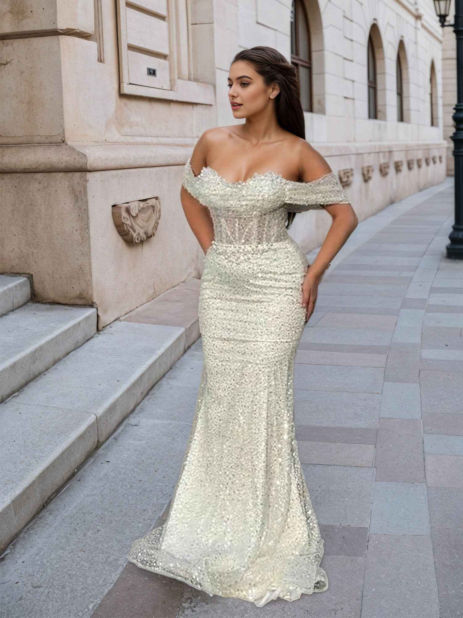 Mermaid Off Shoulder Sequin Prom Dress With Cutout Bodice