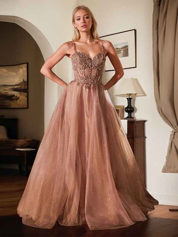 Rose Gold A Line Spaghetti Strap Long Prom Dress With Beadwork